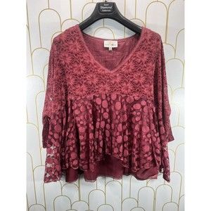 Belle France Women’s Layered Floral Lace High Low Boho Red Blouse Size XL